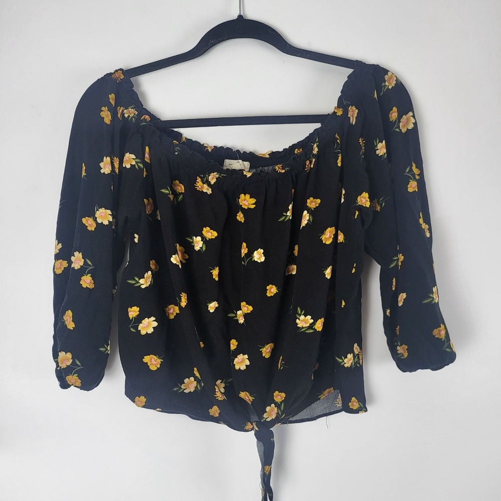 Mason & Belle Cropped Blouse M Womens Long Sleeve Off Shoulder Black Floral
